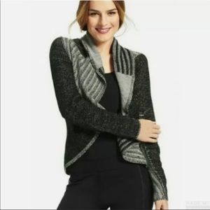 Cabi Patchwork Cropped Drapey Open Front Black White Gray Cardigan Sweater XS